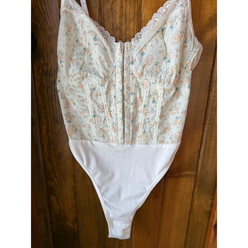 Effordram Floral Lace Corset Bodysuit Ivory Peach Green Boho Lingerie Size M (6) - Picture 3 of 4